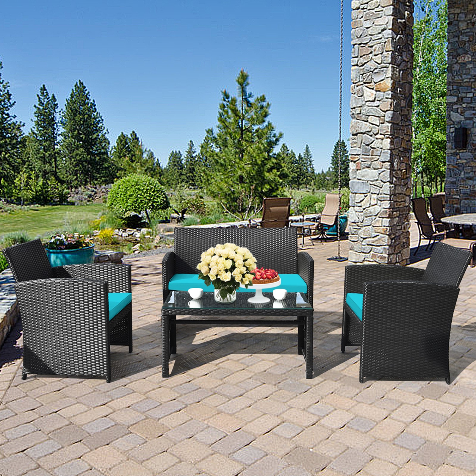 4PCS Rattan Outdoor Conversation Set Patio Furniture Set w/ Turquoise Cushions