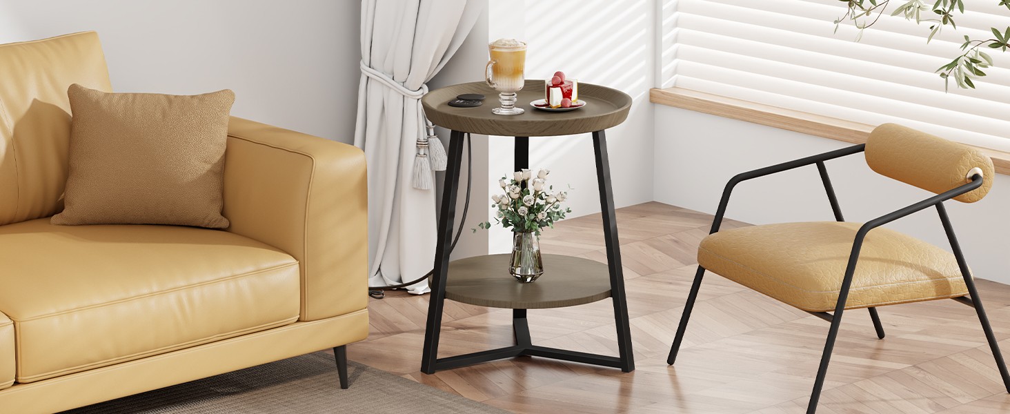 Round End Table with Stora Shelf, 2 Tier Farmhouse Side Table