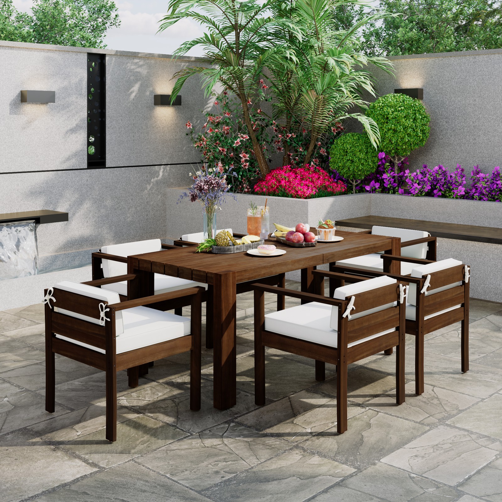 7-Piece Patio Dining Table Set for 6 with 72.8″ Rectangle Table & Cushions