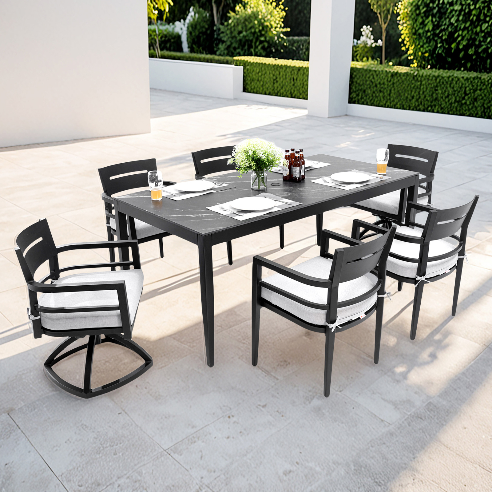 7 Pieces Patio Dining Set 71″ Table Sintered Stone Top 4 Chairs 2 Swivel Rockers