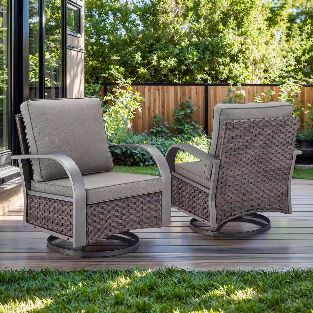 Arcmetal Metal and Brown Wicker Outdoor Rocking Chair Patio Swivel Chairs with O
