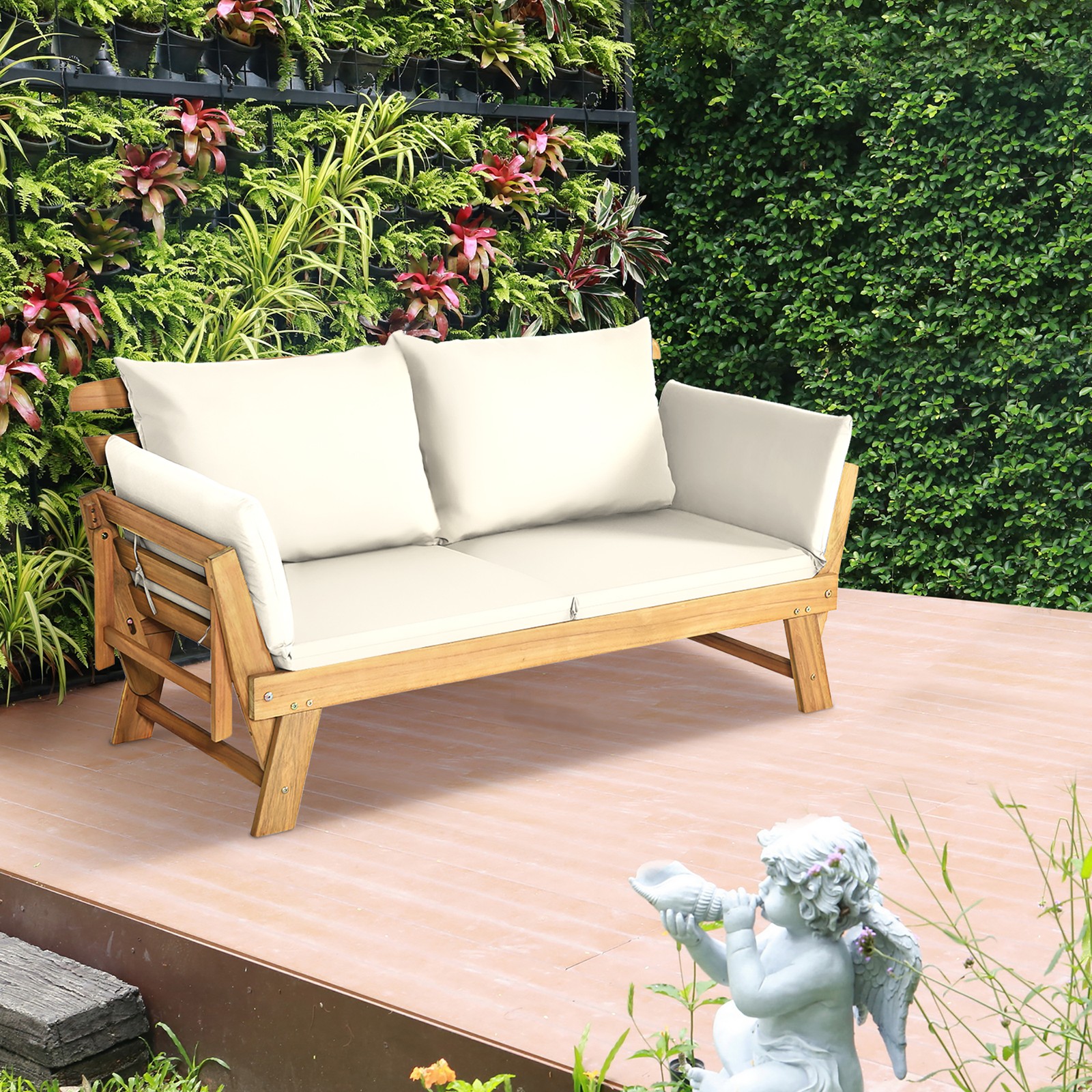 Adjustable Patio Sofa Daybed Acacia Wood Furniture w/ White Cushions