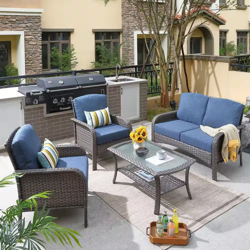 Denali Gray 4-Piece 4-Seat Wicker Modern Outdoor Patio Conversation Sofa Seating