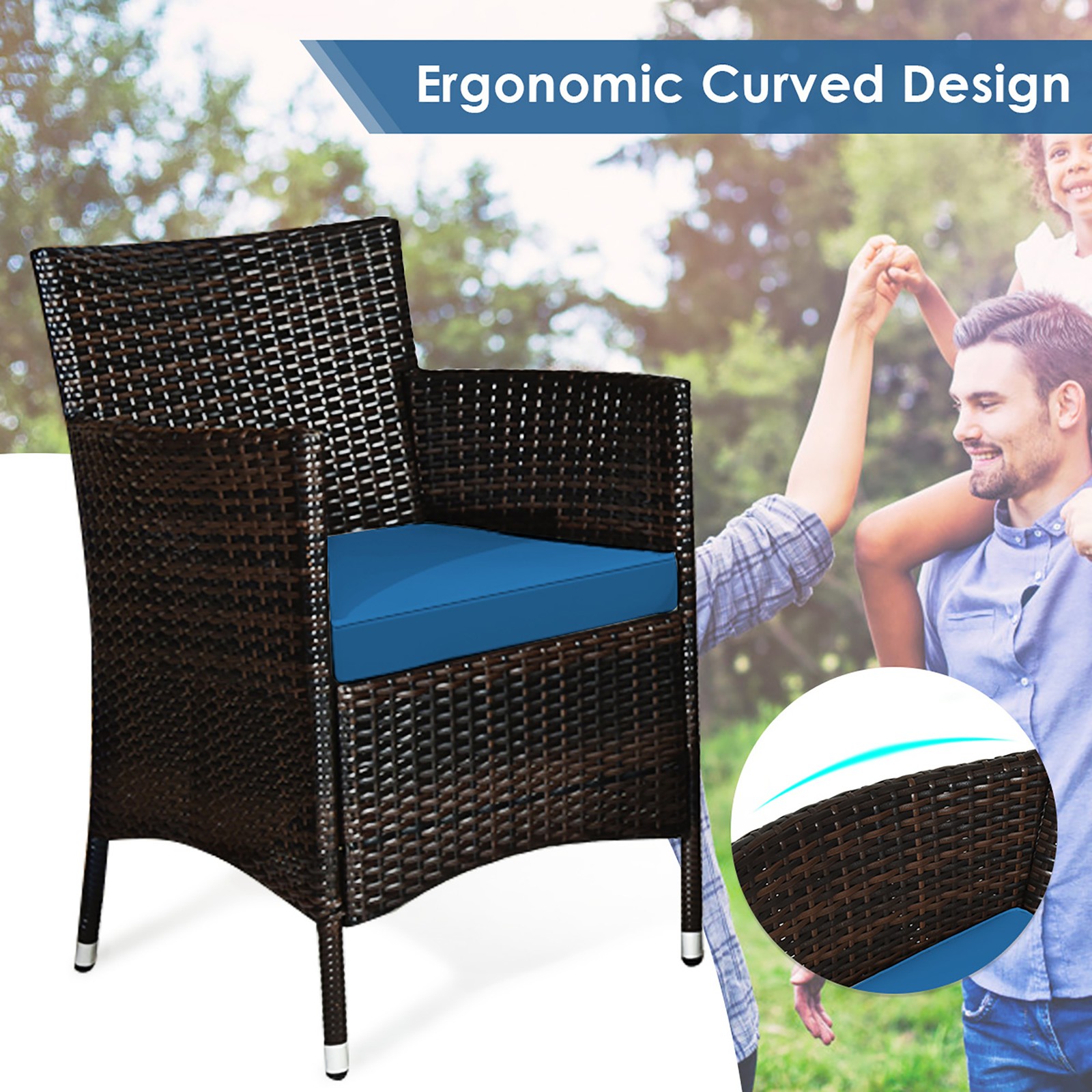 4PCS Patio Rattan Conversation Furniture Set Outdoor w/ Peacock Blue Cushion