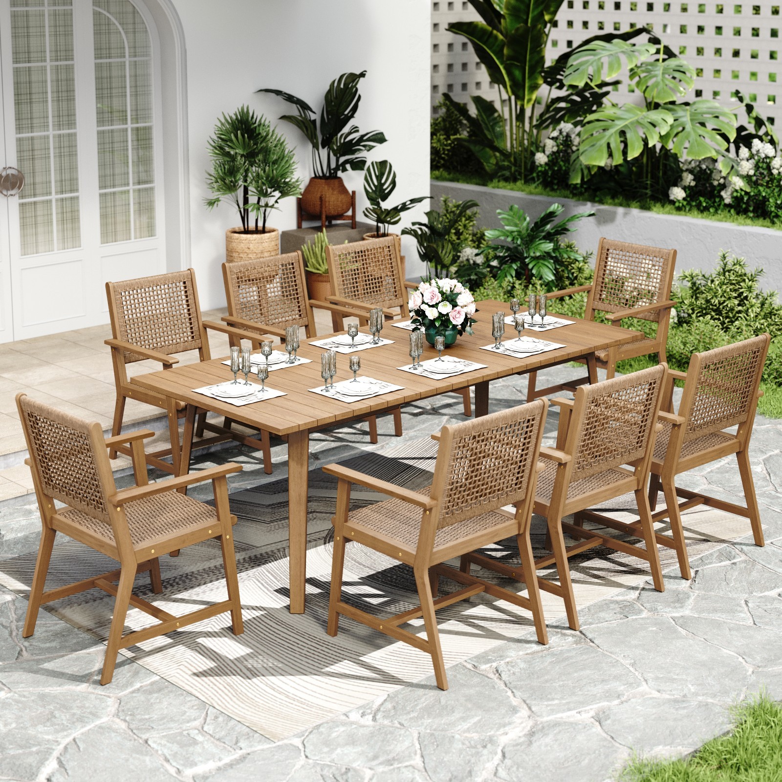 9Piece Patio Dining Table Chair Set Outdoor Rattan Furniture Set for Yard Garden