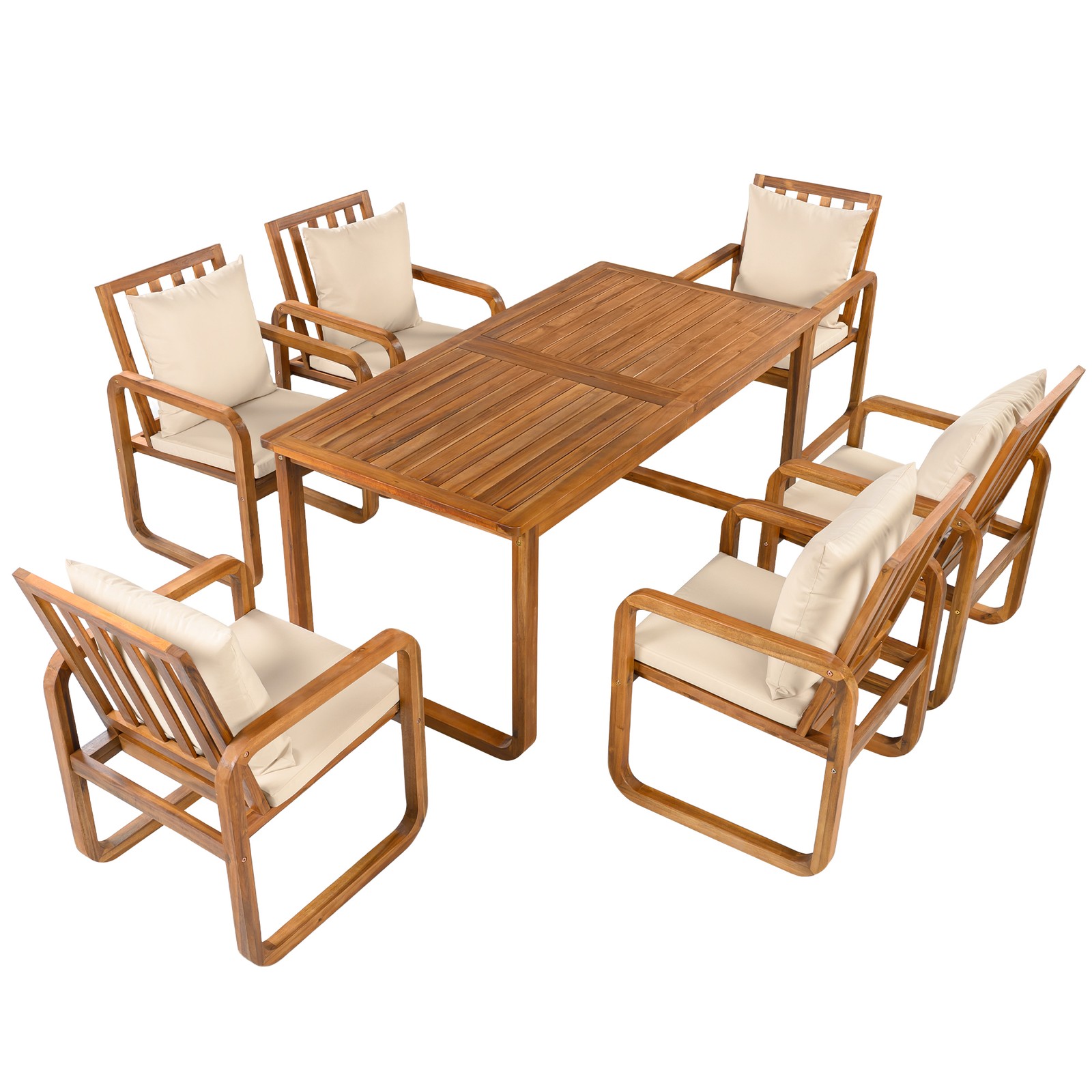 7PCS Acacia Wood Outdoor Patio Dining Set 66.9″ Wooden Table & Chairs W/Cushions