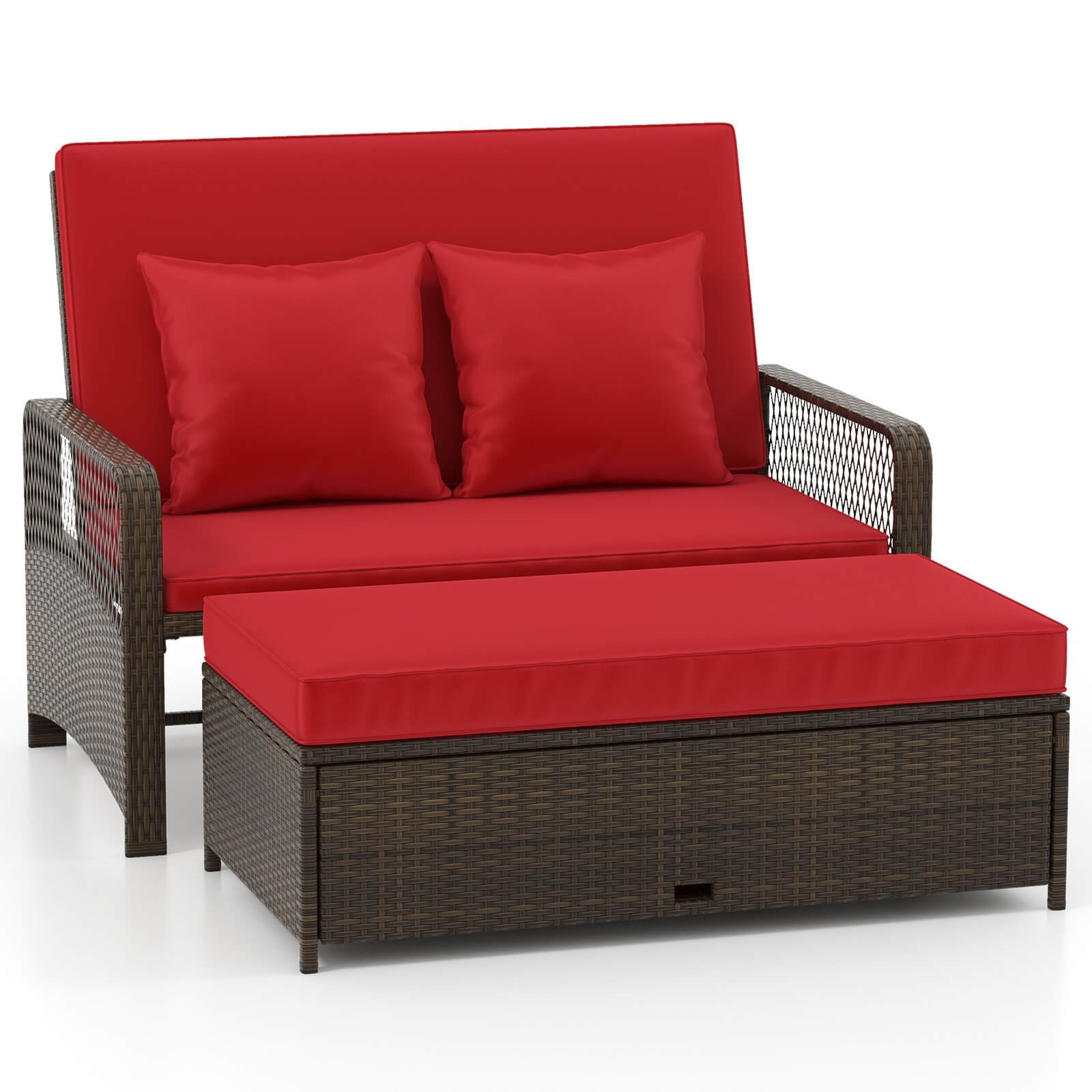 Patio Rattan Daybed Wicker Loveseat Sofa with Multifunctional Ottoman