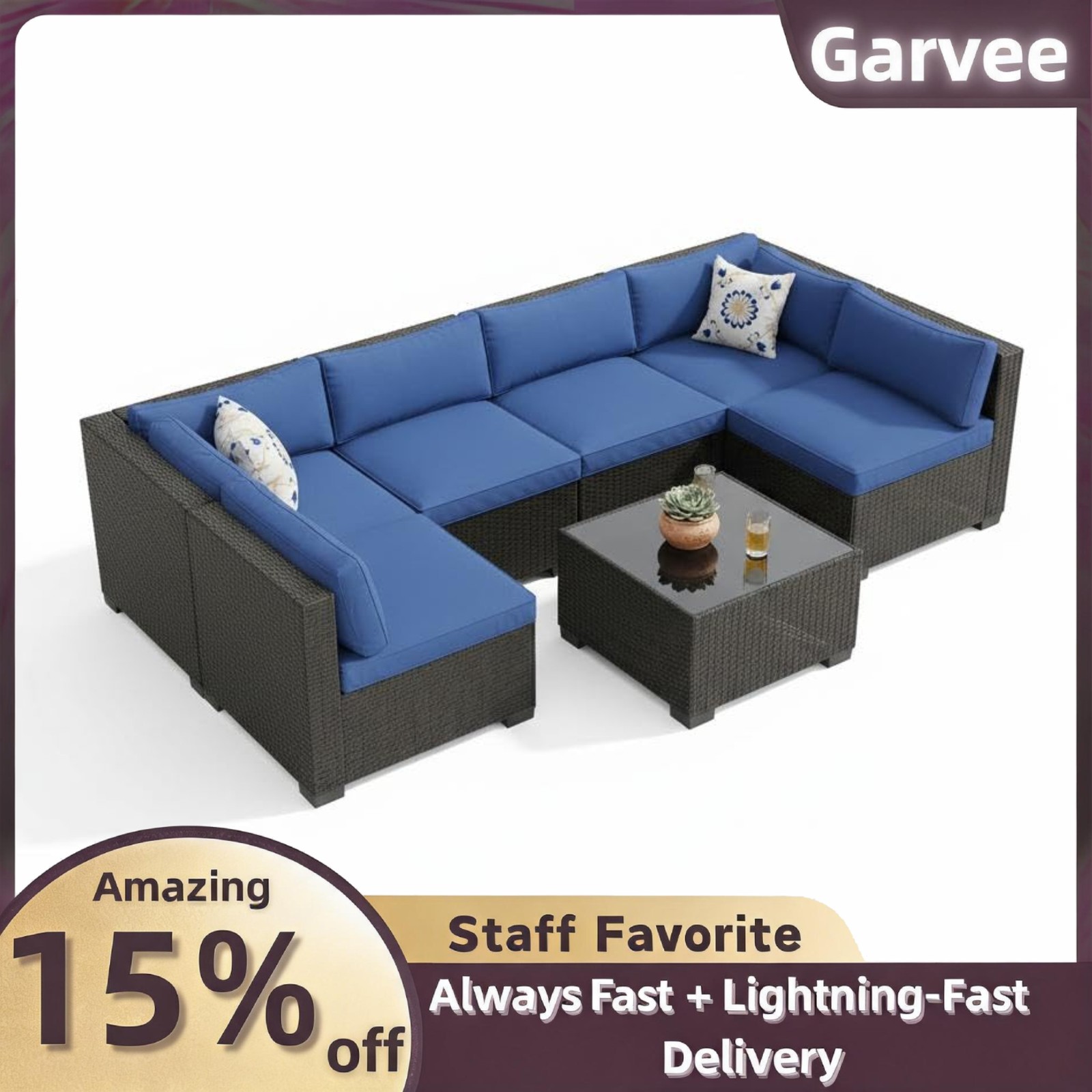 Outdoor Patio Conversation Set 7-Piece Rattan Wicker Sectional Sofa Steel Frame