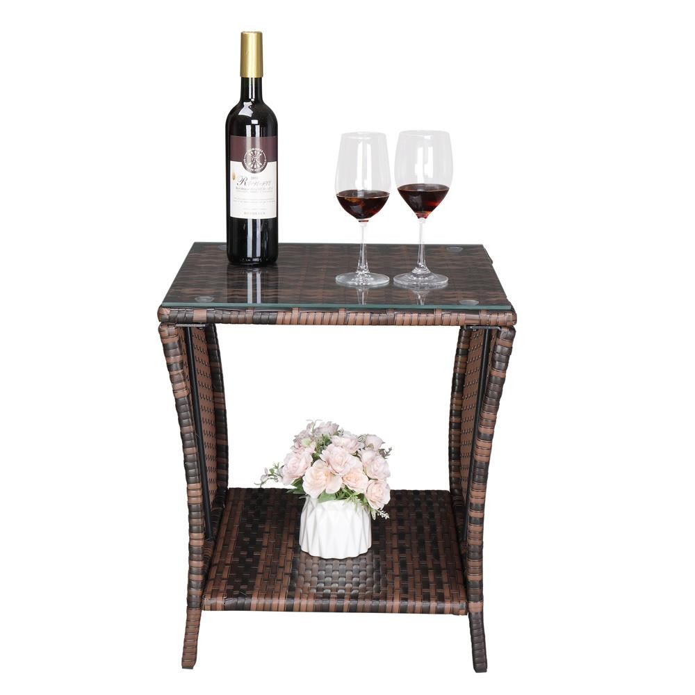 Wicker Rattan Side Tea Table with Glass Patio Furniture Outdoor Storage Tables