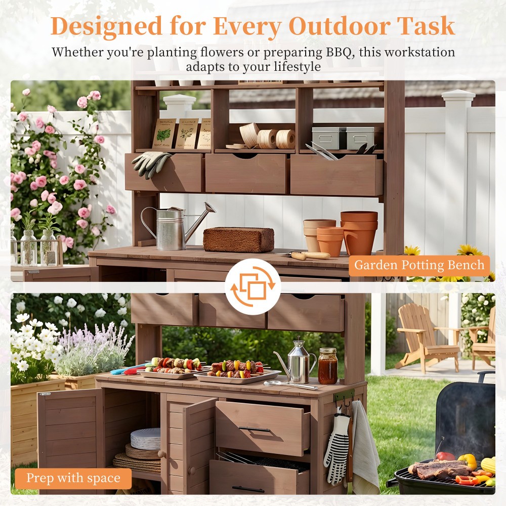 Rustic Wooden Farmhouse Potting Bench 44.6” Large Outdoor Garden Workstation