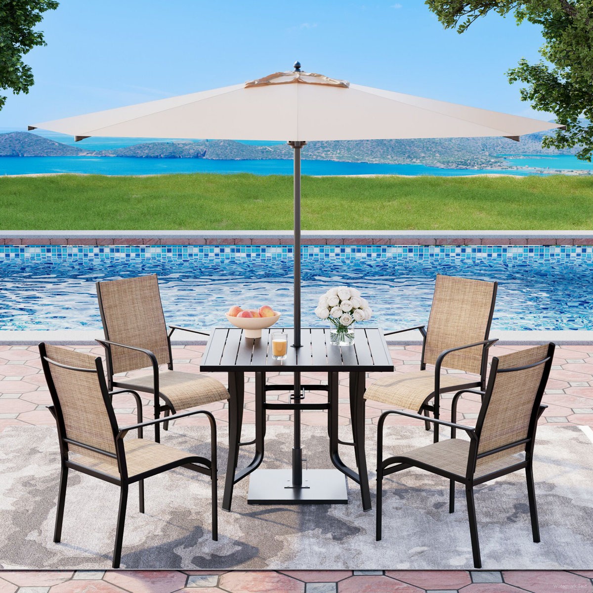 5 Piece Patio Dining Set Expandable Table with Umbrella Hole Metal