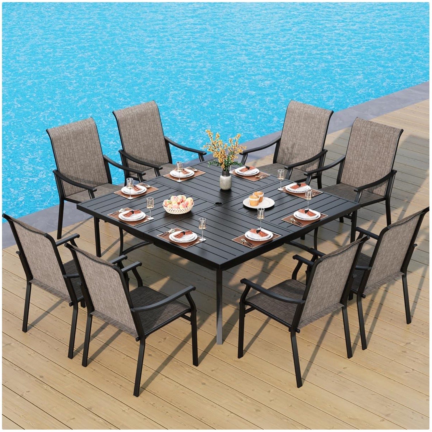 Patio Dining Set for 8,Extra Large Square Metal Table with 1.9″ Umbrella