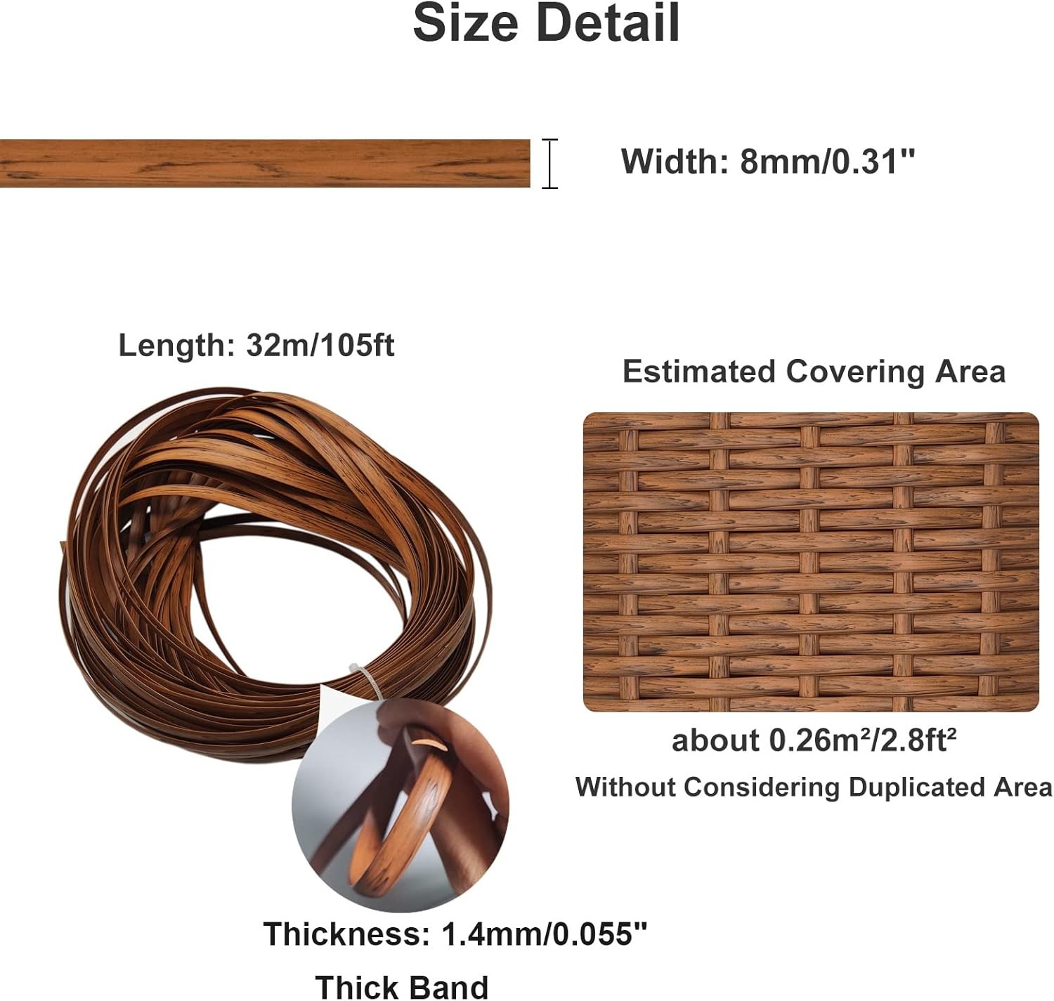 32m/105ft 8mm Dark Wood Grain Brown Wicker Repair Kit PE Rattan Repair Kit