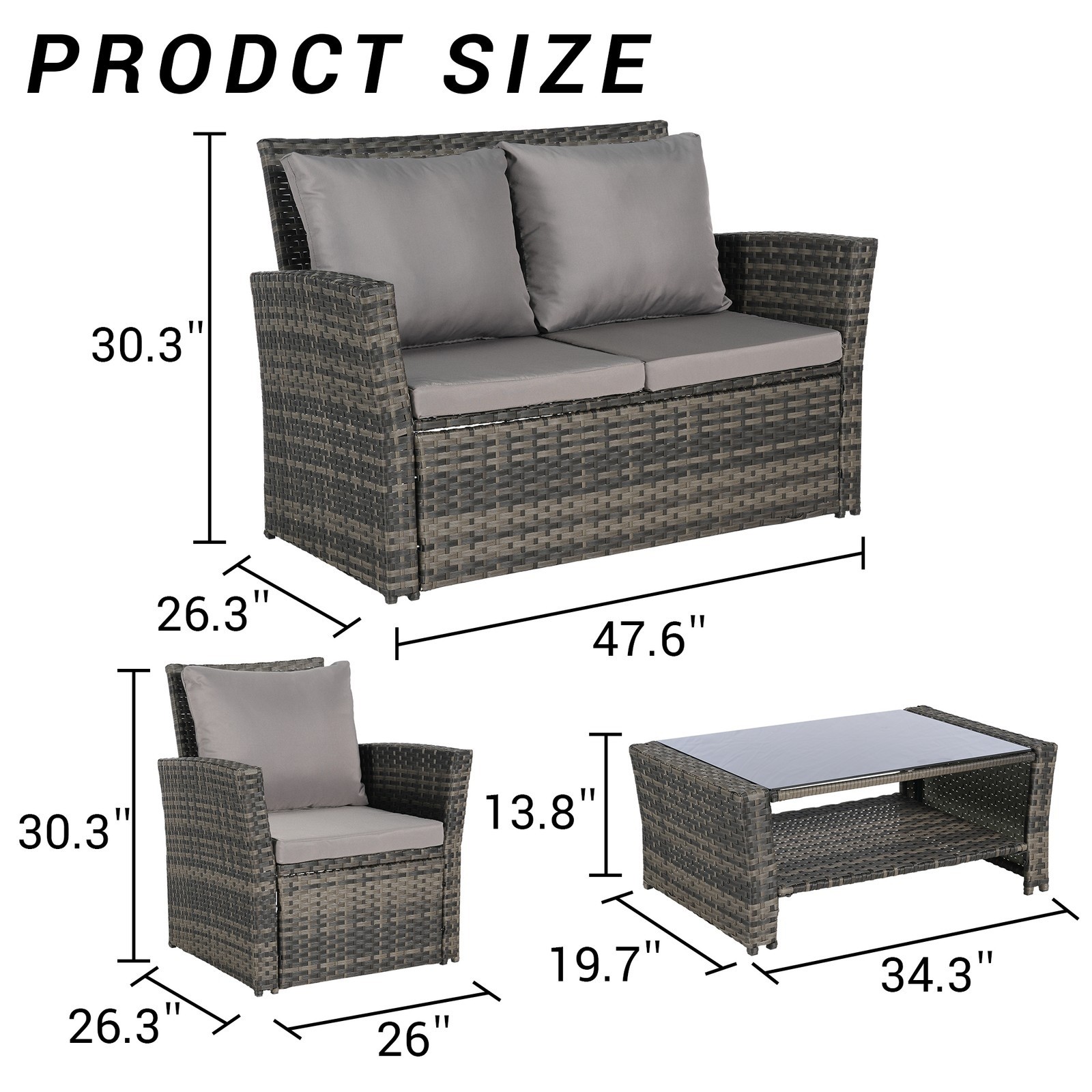 4-Piece Outdoor Patio Furniture Set Rattan Chairs Glass Coffee Table