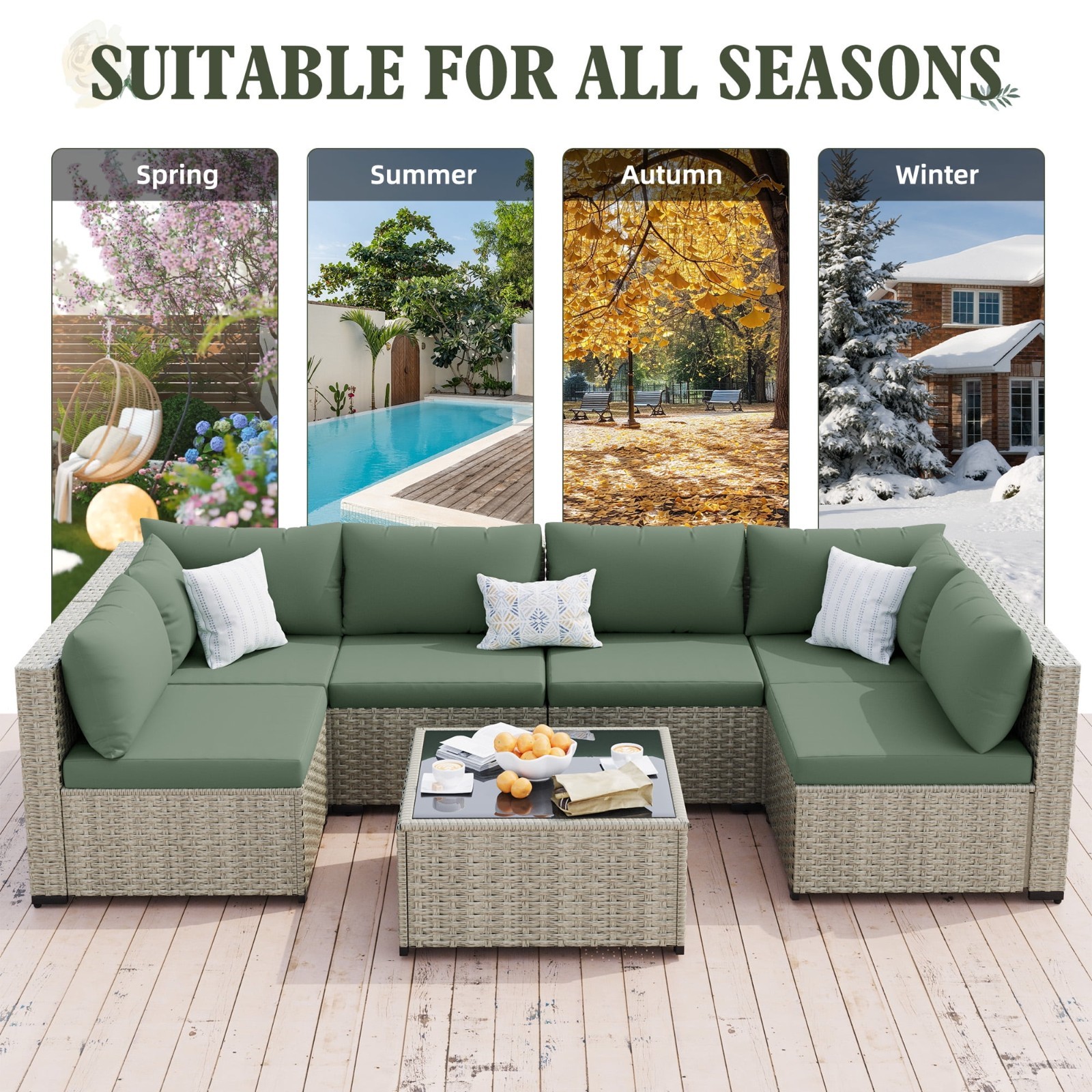 7 Piece Patio Conversation Set Outdoor Sectional PE Rattan Wicker Sofa Green