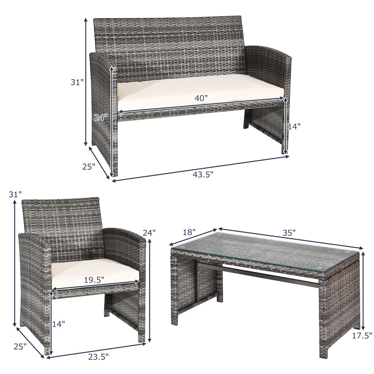 8 PC Outdoor Rattan Sofa Set Patio PE Cushioned Couch Loveseat Wicker Furniture