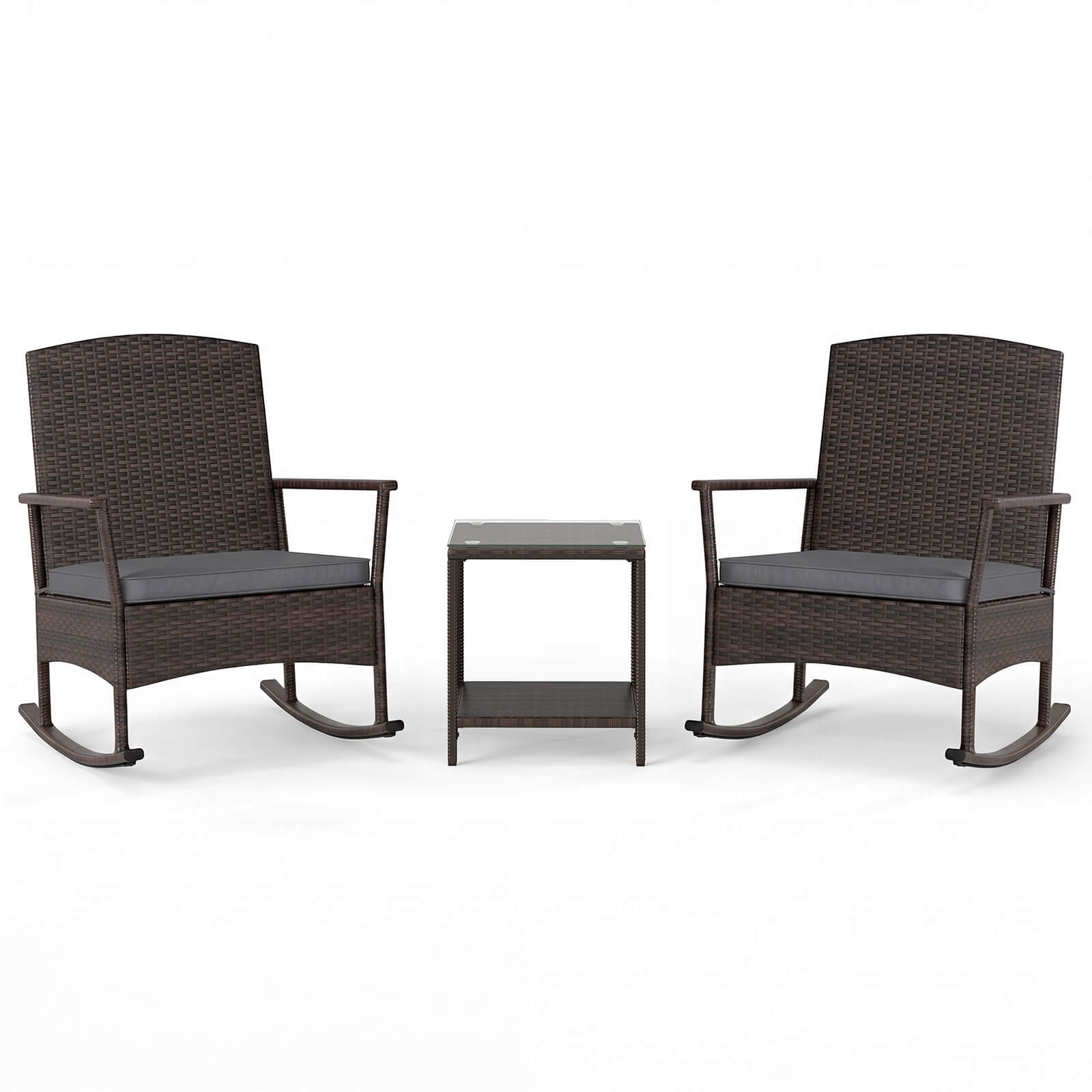 3 Piece Patio Rocking Bistro Set, 2 Rattan Armchairs with 2-Tier Side Table