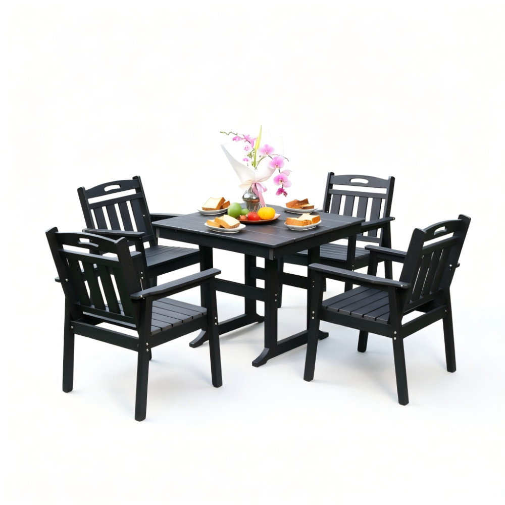 5PCS HDPE Outdoor Dining Set Weather Resistant,1 Table w/ Umbrella Hole&4 Chairs