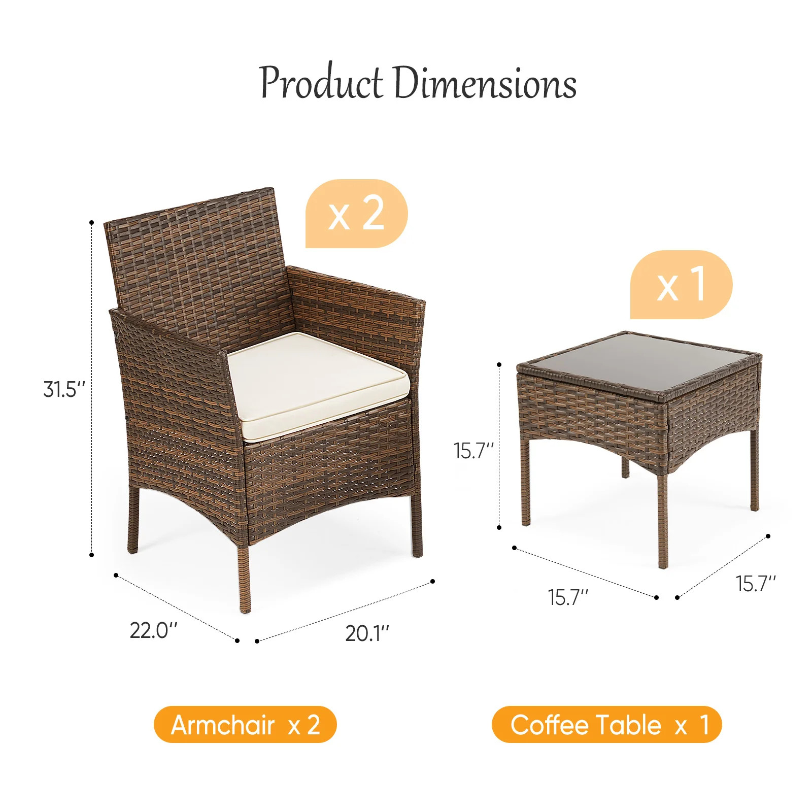 JHK 3 Pieces Outdoor Patio Furniture Set Manual Weaving Wicker Rattan Patio Chai