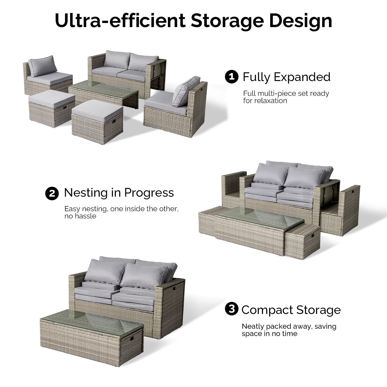 6x Outdoor Rattan Patio Furniture Set Wicker Sectional Sofa Gray Cushion Storage