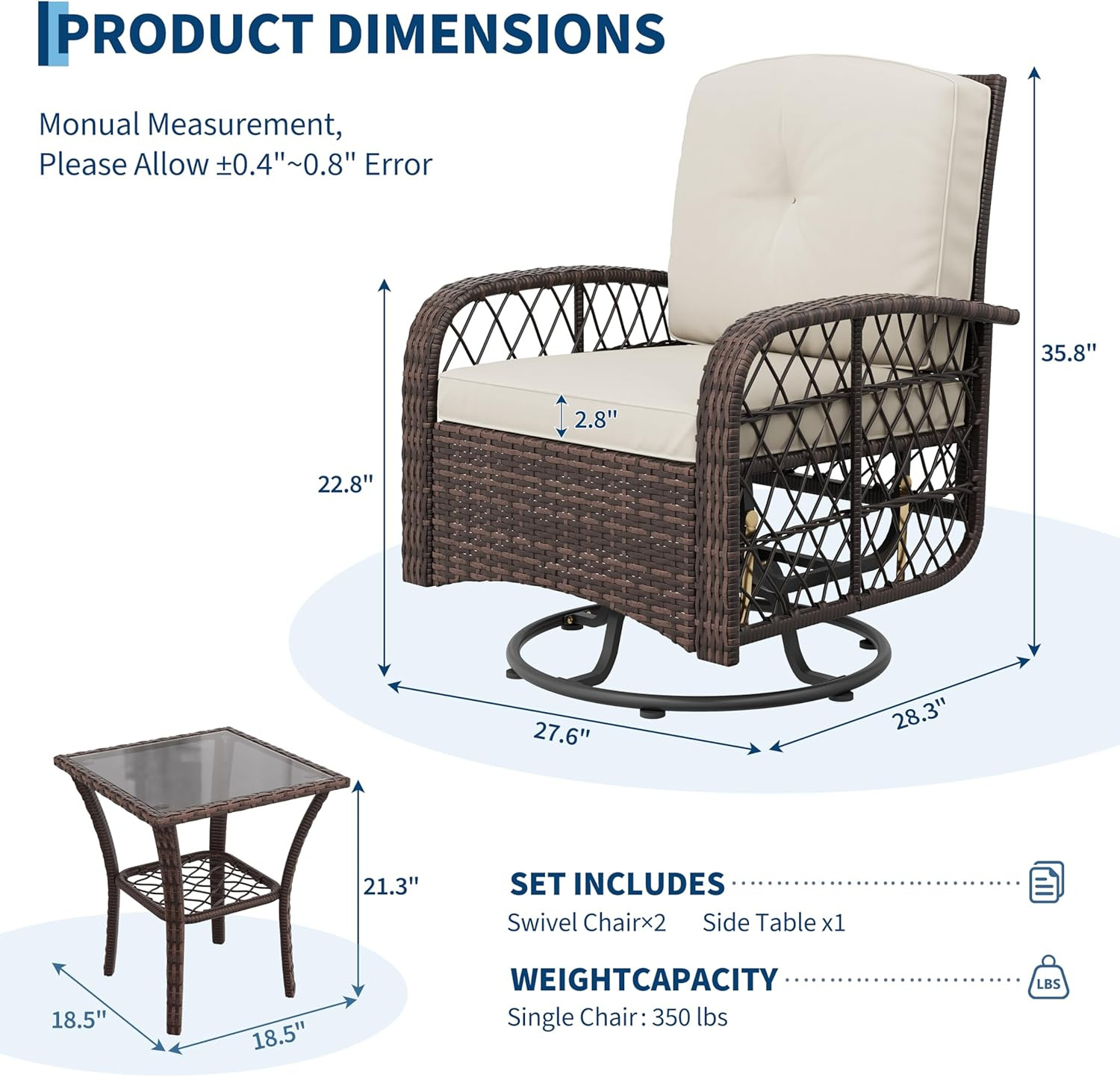 3-Piece Outdoor Patio Furniture Set, Wicker Swivel Rocking Chairs with Thick Cus