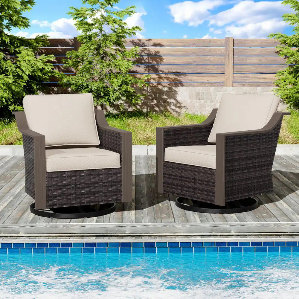 2-Piece Brown Wicker Outdoor Rocking Chair Patio Swivel Chair Set with Beige Cus