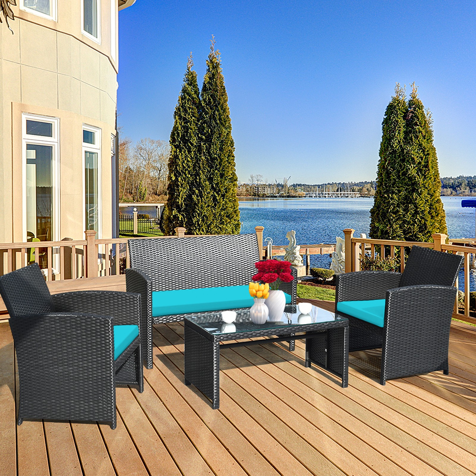 4PCS Rattan Outdoor Conversation Set Patio Furniture Set w/ Turquoise Cushions