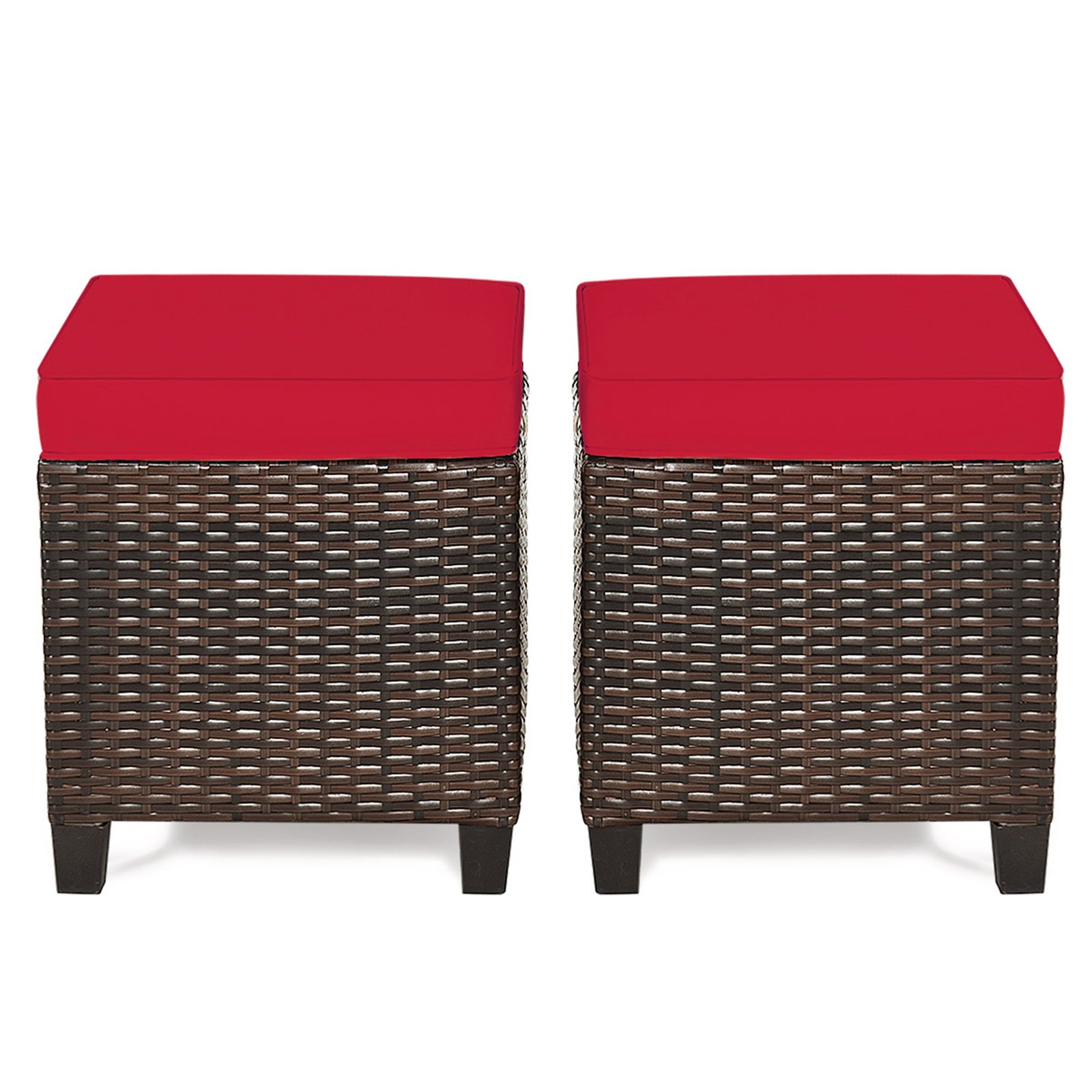 Set of 2 Patio Rattan Ottoman Footrest Garden Outdoor w/ Red Cushion