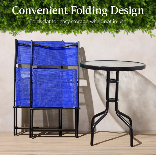 Best Choice Products 3pc Outdoor Bistro Set Tempered Glass Folding Resort Blue
