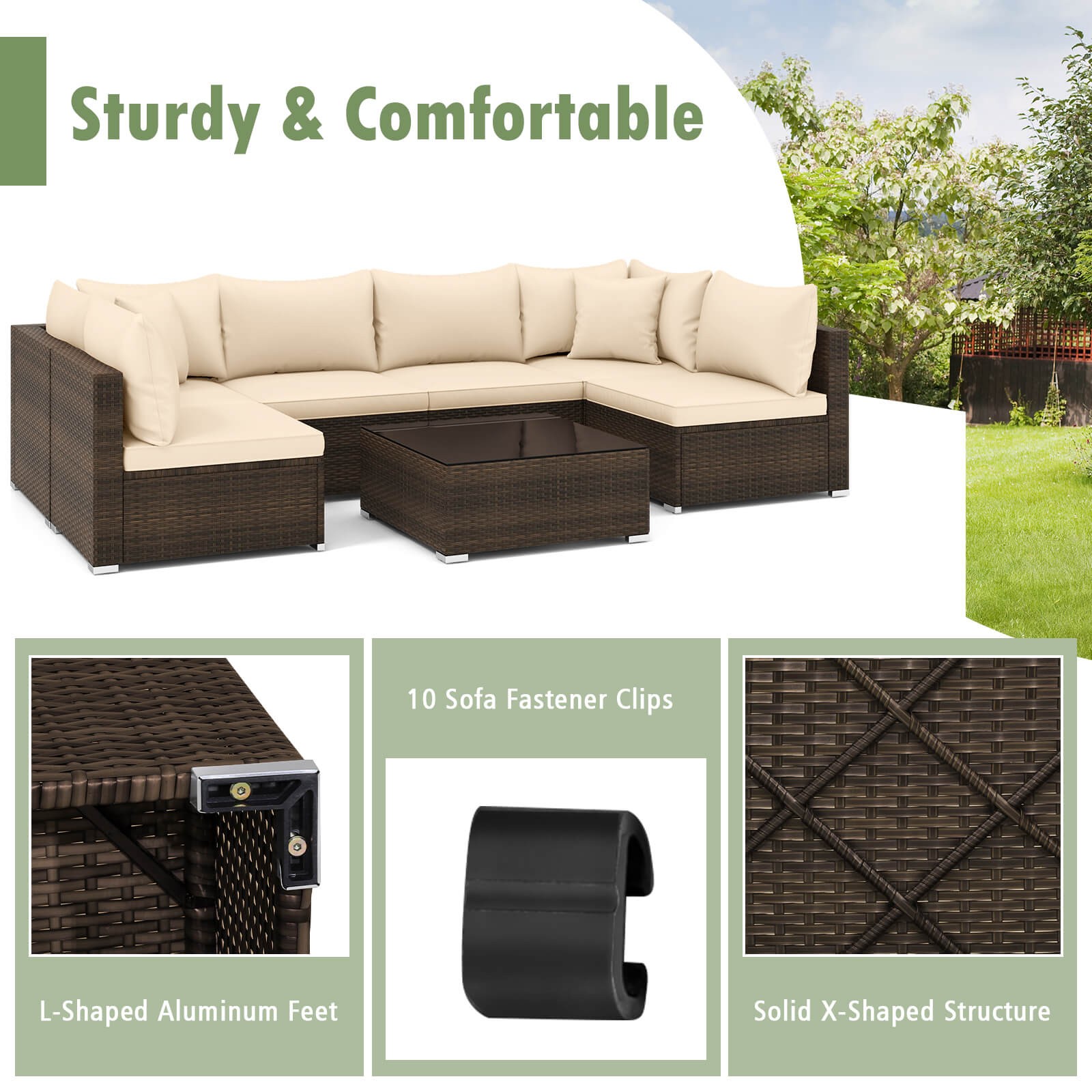 Patio 7 PCS Rattan Furniture Set Sectional Sofa Cushioned Garden Beige