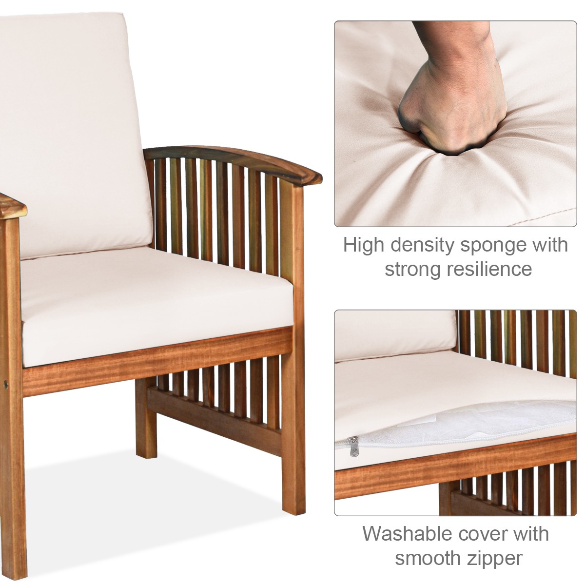 Patio 4PCS Solid Wood Furniture Set Conversation Chairs Table W/White Cushion