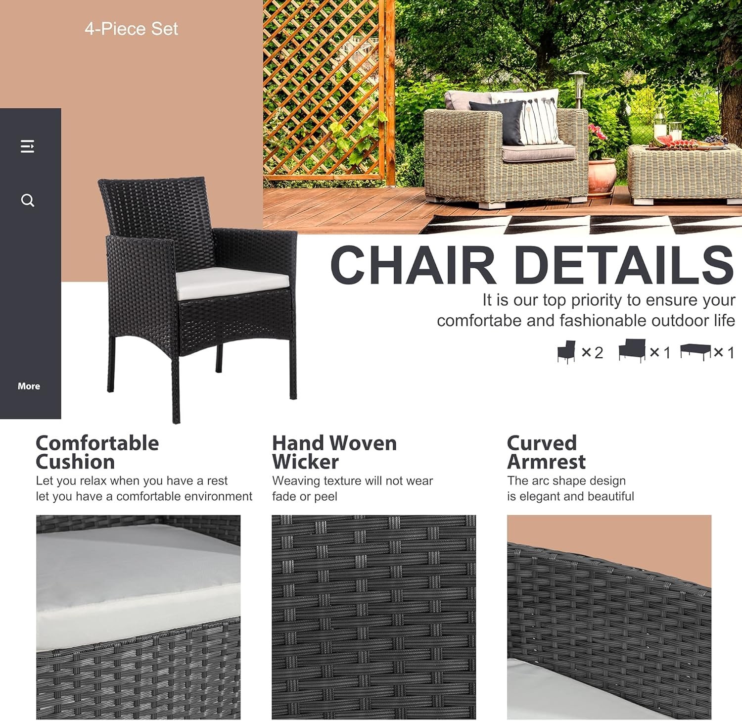 4 Piece Black Outdoor Patio Furniture Set Outdoor Porch With Cushions Clearance