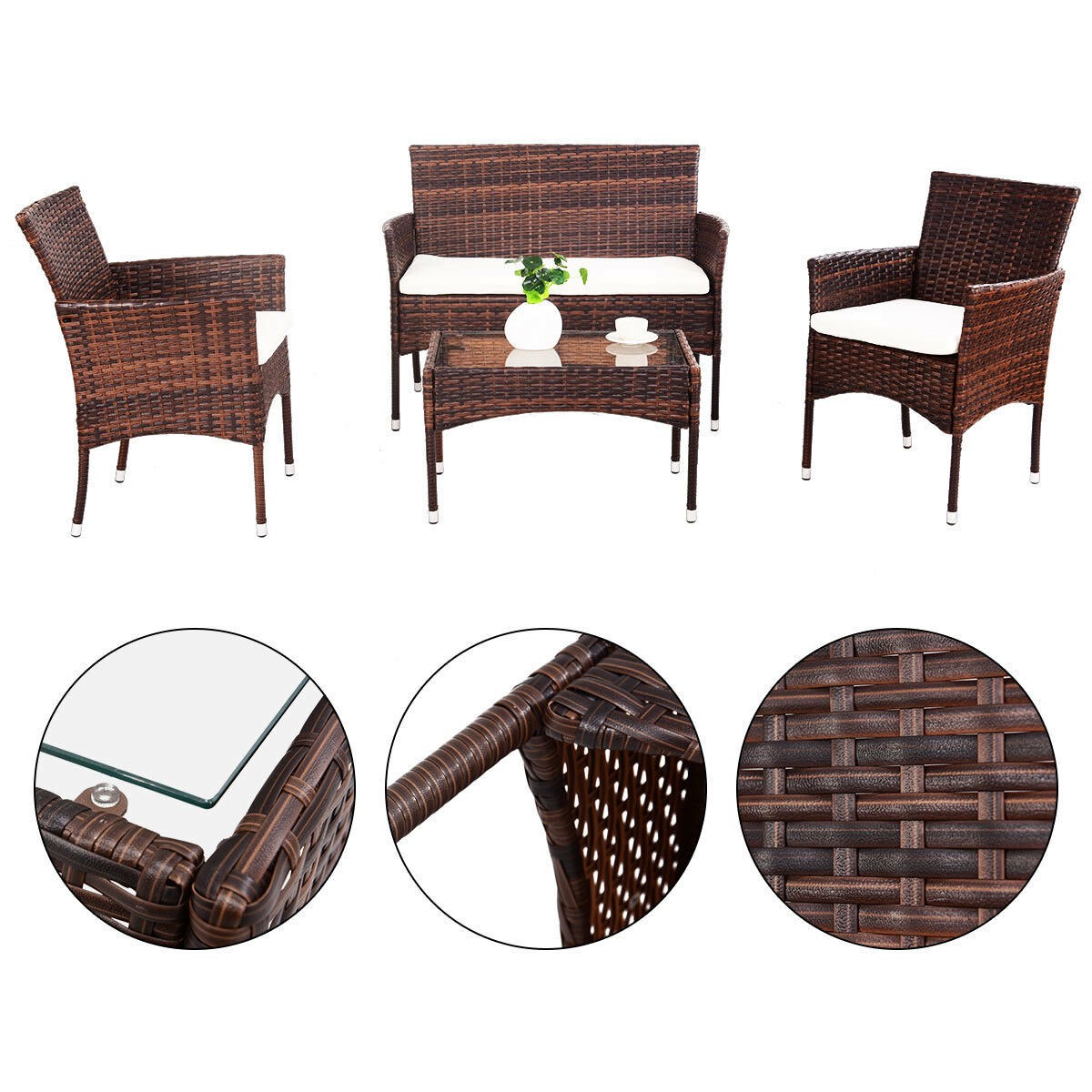 4PCS Outdoor Patio PE Rattan Wicker Table Shelf Sofa Furniture Set With Cushion