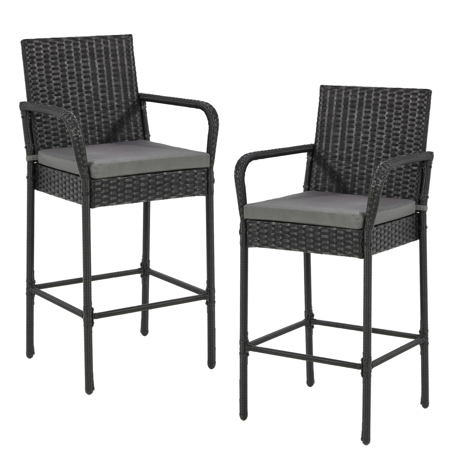 2 Patio Rattan Bar Stools Set Outdoor Wicker Bar Height Chairs Armrest Cushion