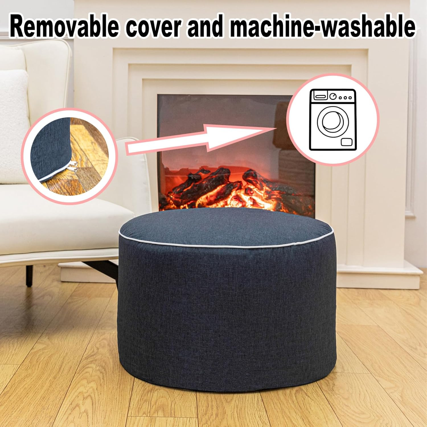 Navy Blue Waterproof Outdoor Ottoman Pouf – Lightweight Patio Footrest