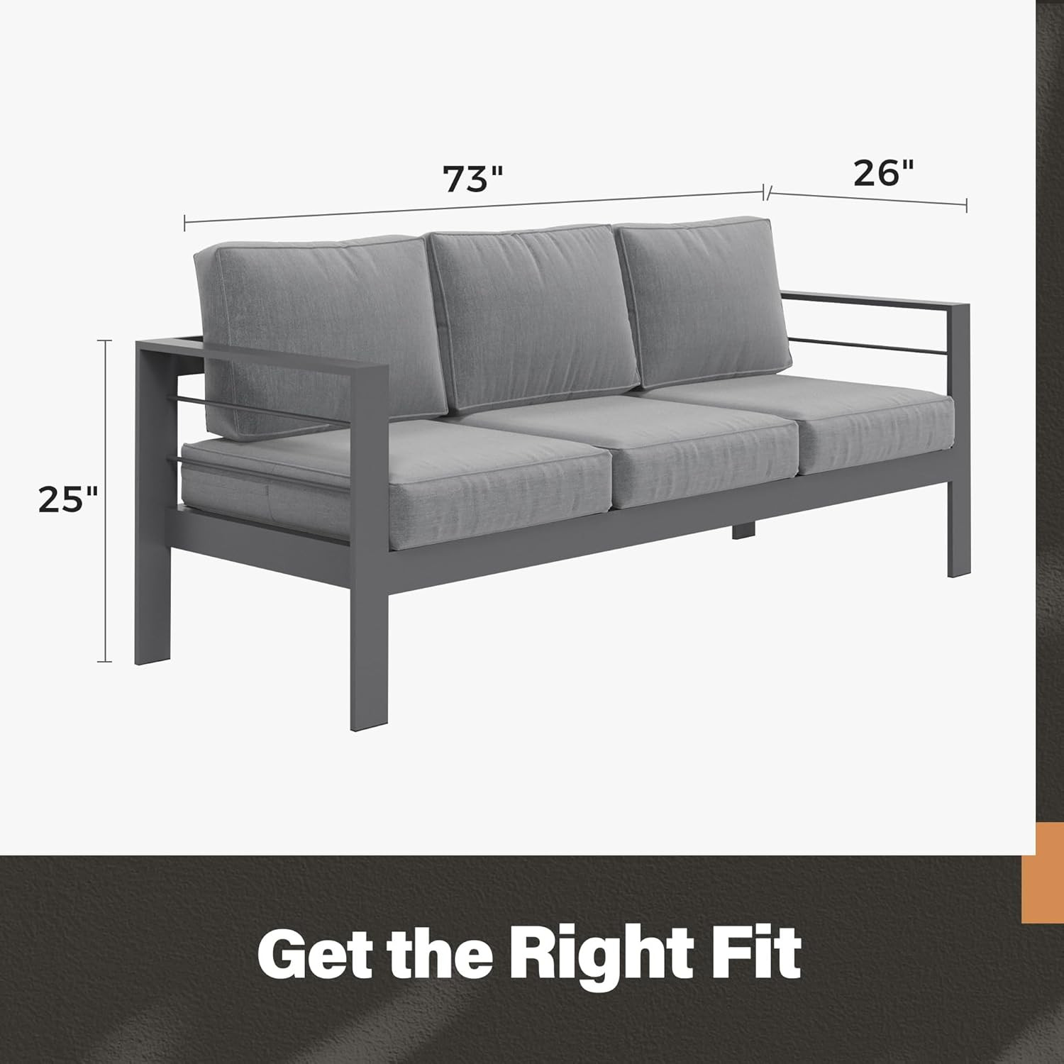 Dark Grey 3-Seat Aluminum Outdoor Couch with Cushions for All-Weather Use