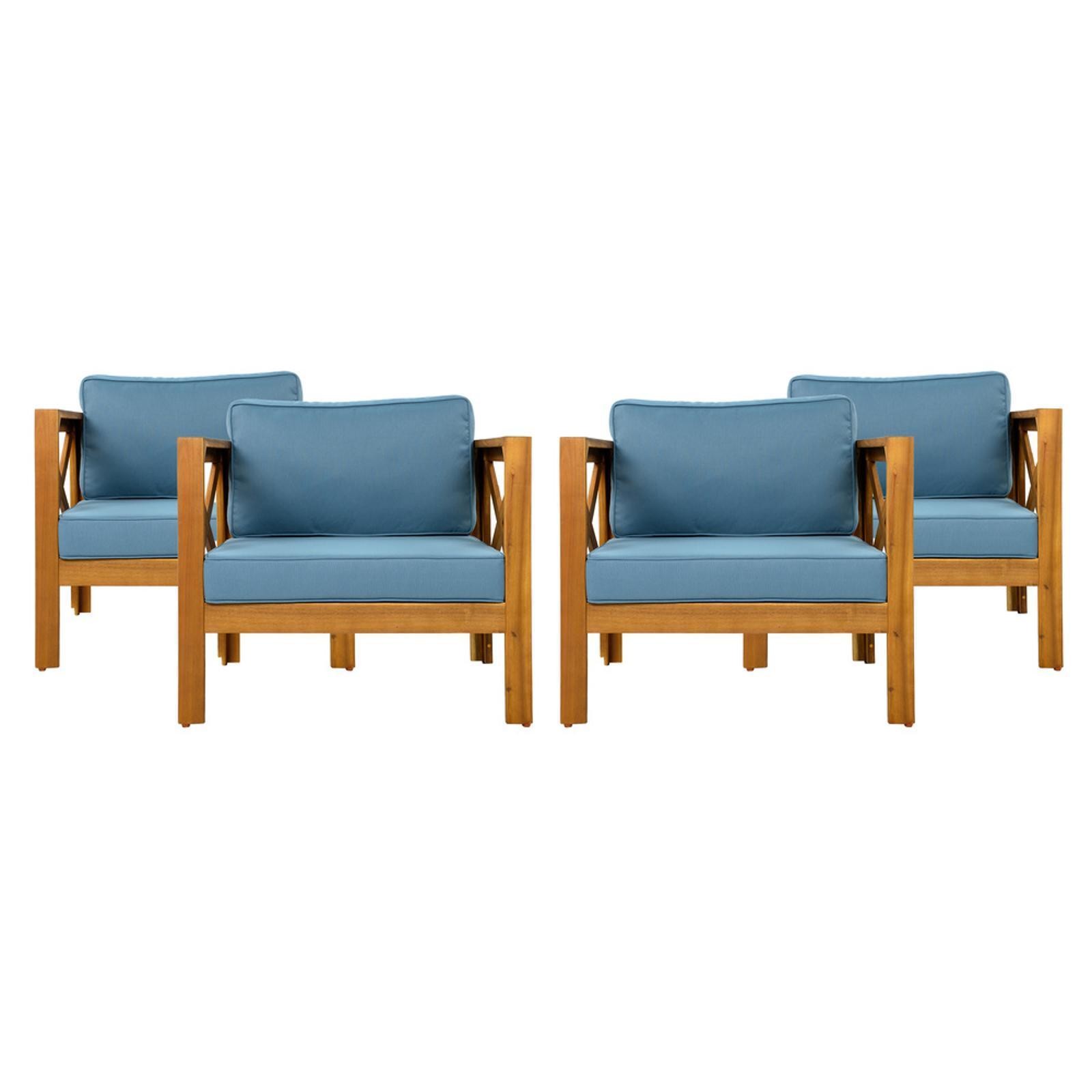 Outdoor Acacia Wood Club Armchair Set of 2, Teak Finish, Blue