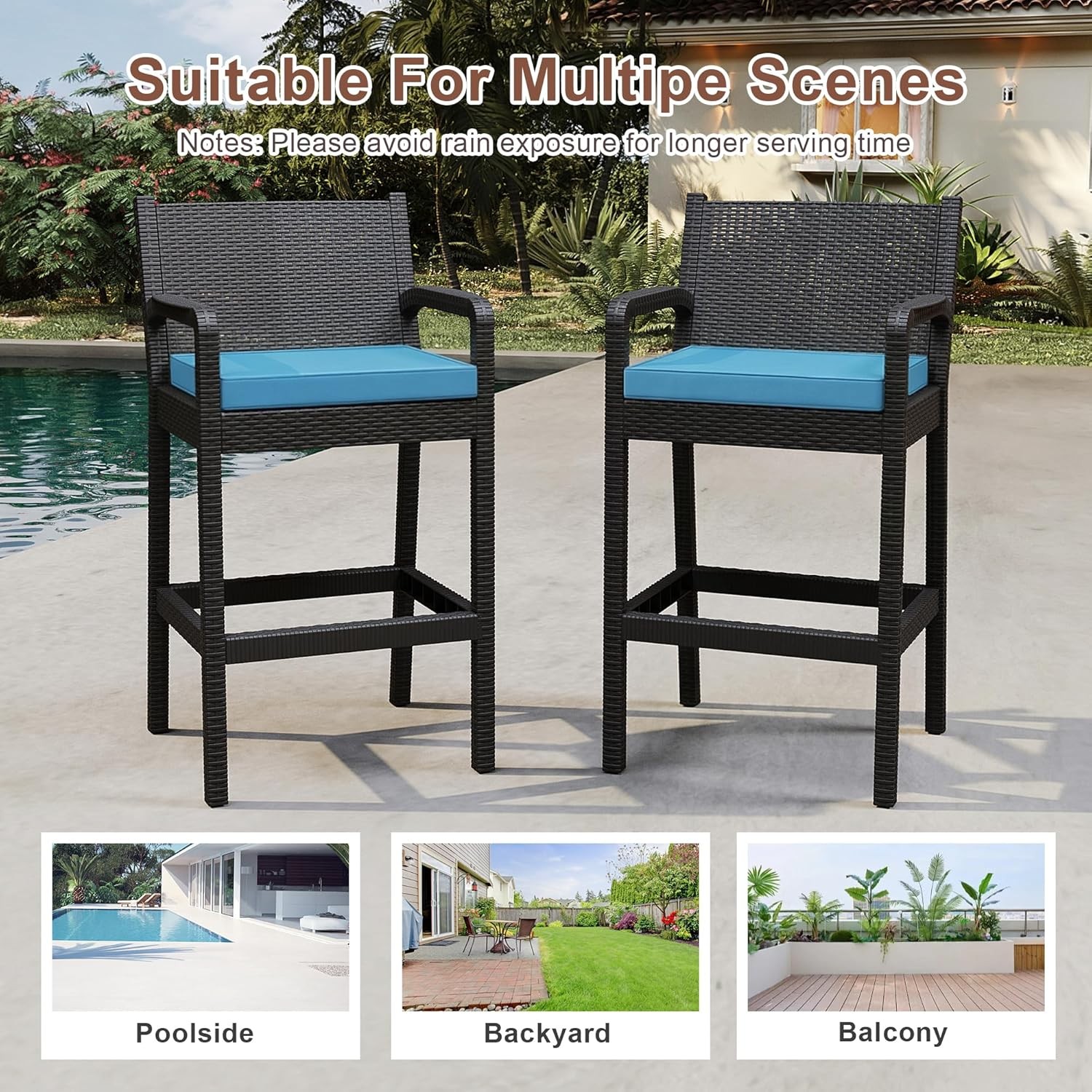 Outdoor Bar Stools 2 PCS 30 in Wicker All Weather Rattan Backrest Footrest Patio