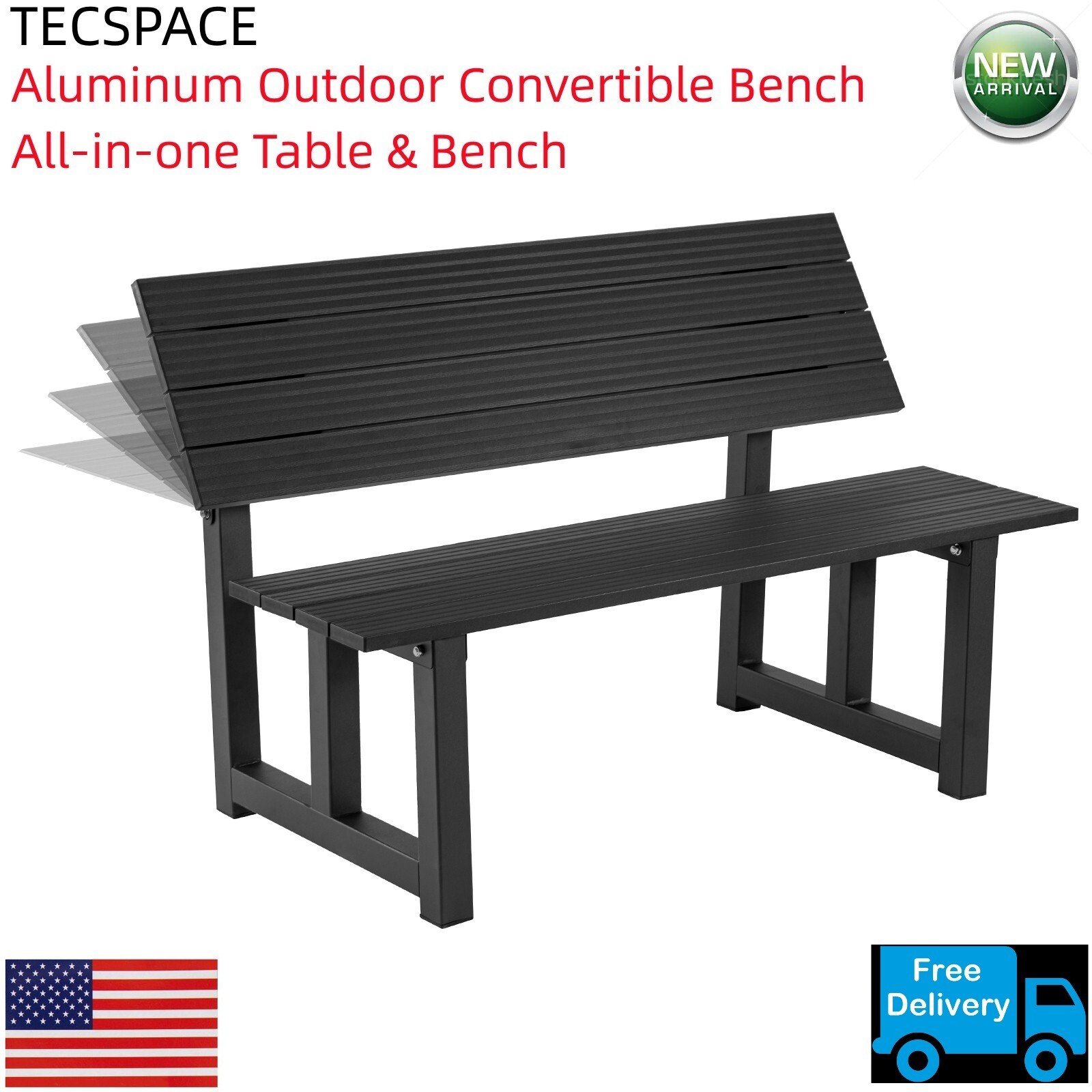 TECSPACE All New Aluminum Black Outdoor Convertible Bench All-in-one Table&Bench