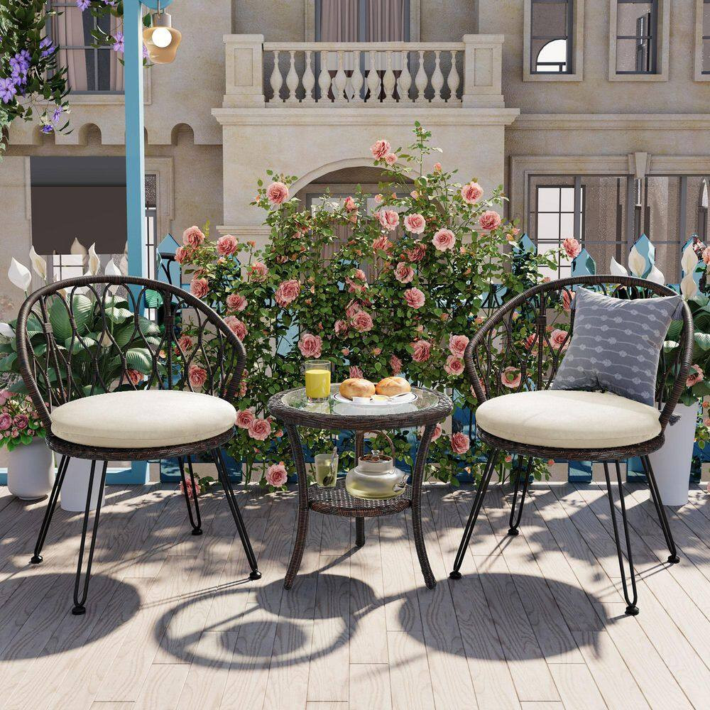 3-Piece Brown Wicker Outdoor Bistro Leisure Set with Beige Cushions for Patio an