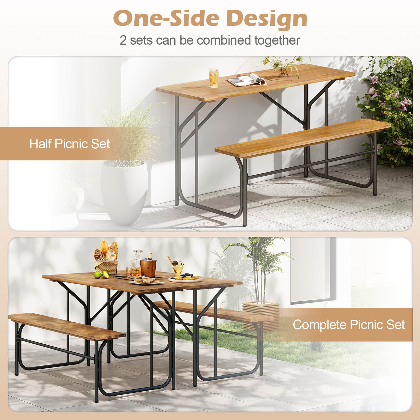 2PCS Table Bench Set for 2 Picnic Table & Loveseat w/Acacia Wood Top Metal Legs