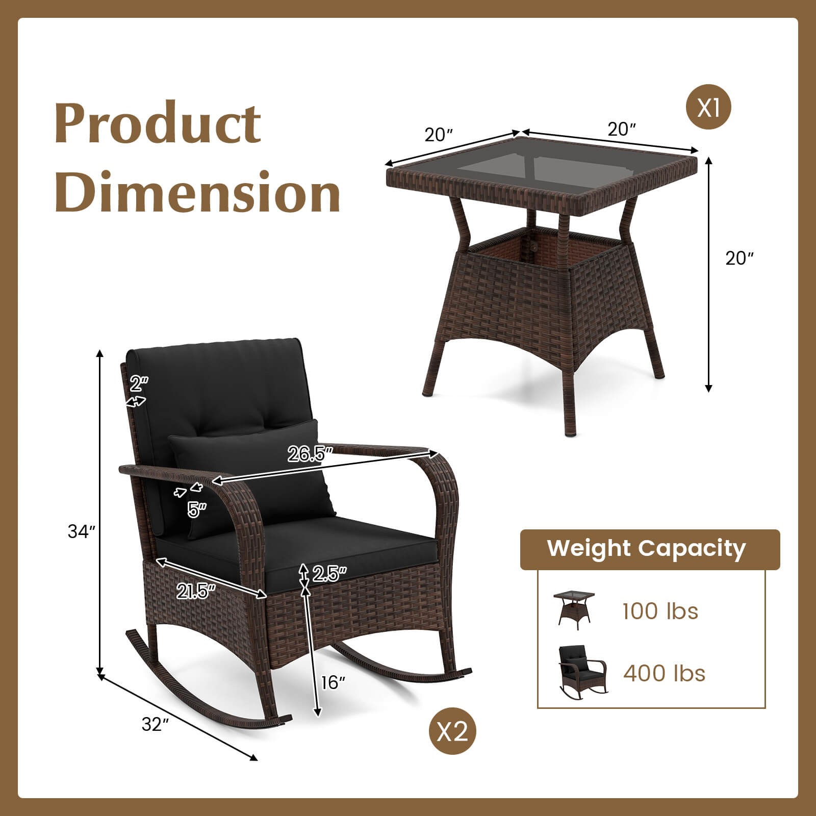 3 PCS Rocking Bistro Set w/Removable Cushions & Tempered Glass Top Coffee Table