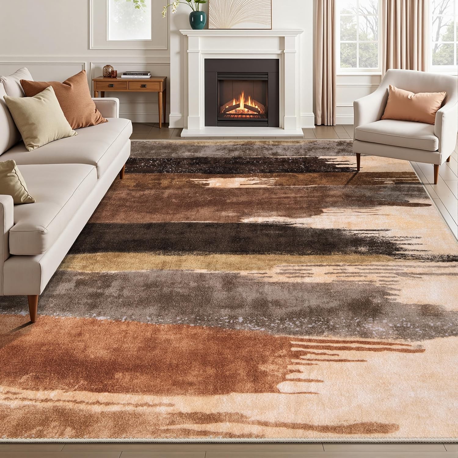 Modern Abstract Brown Grey Rug for Living Room, 6’x9′ hine