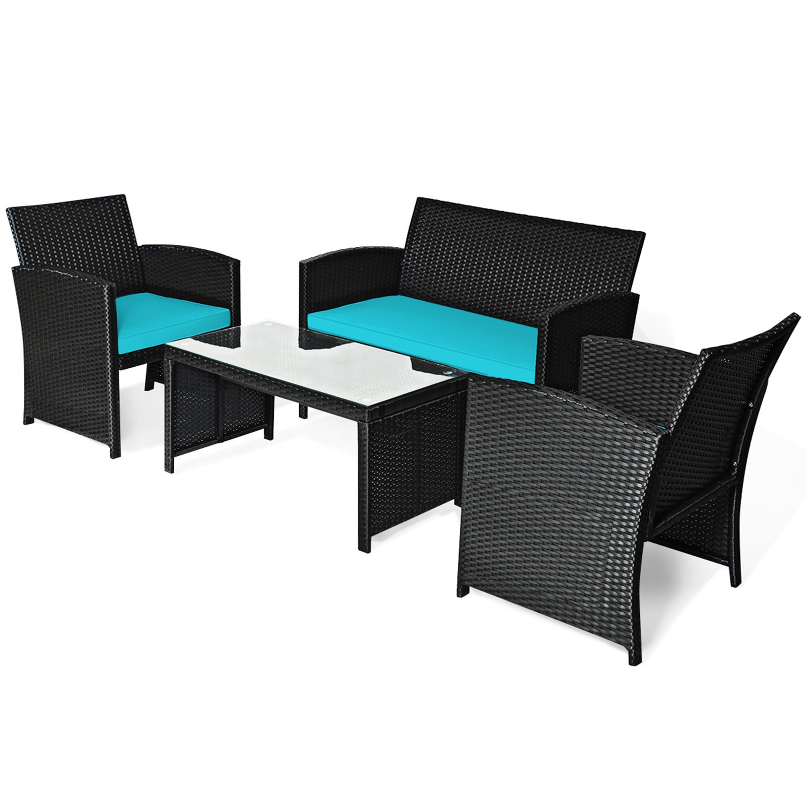 4PCS Rattan Outdoor Conversation Set Patio Furniture Set w/ Turquoise Cushions