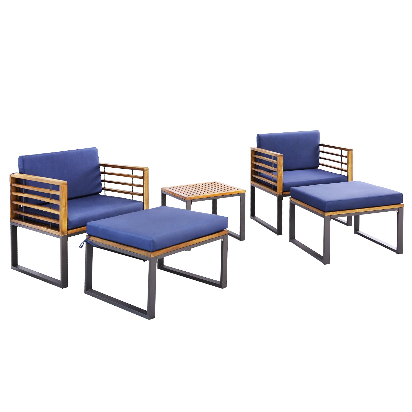 5pcs Patio Acacia Wood Cushioned Chair Ottoman Table Furniture Set Outdoor Navy