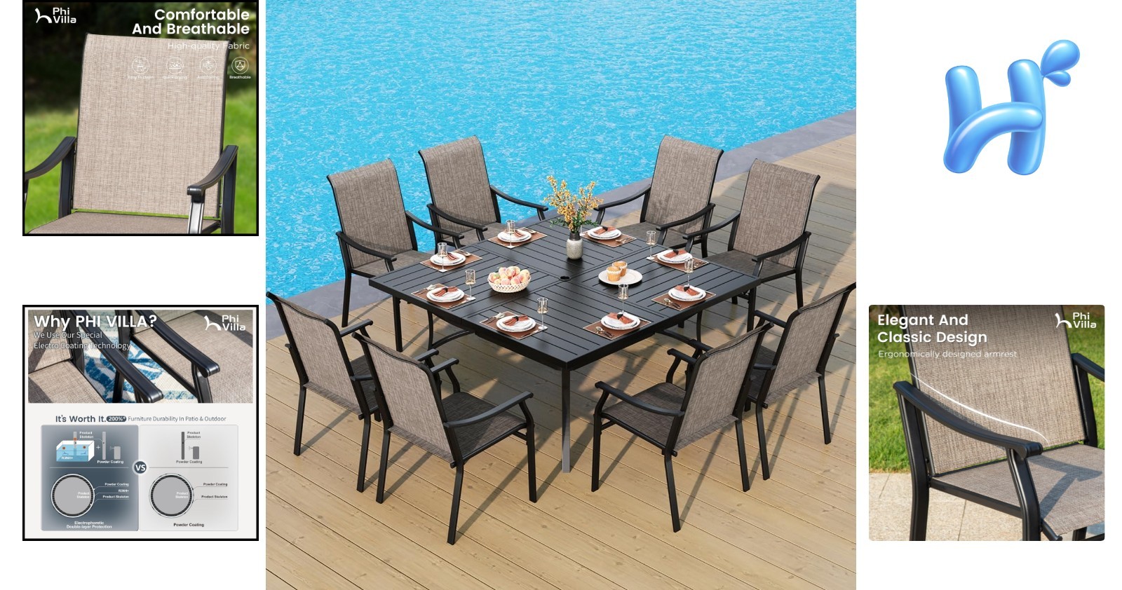 Patio Dining Set for 8,Extra Large Square Metal Table with 1.9″ Umbrella
