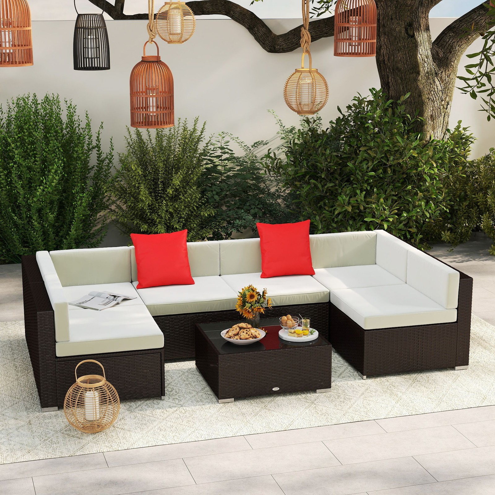 7-Piece Wicker Style Sofa Set 350lb Capacity Glass Table Beige