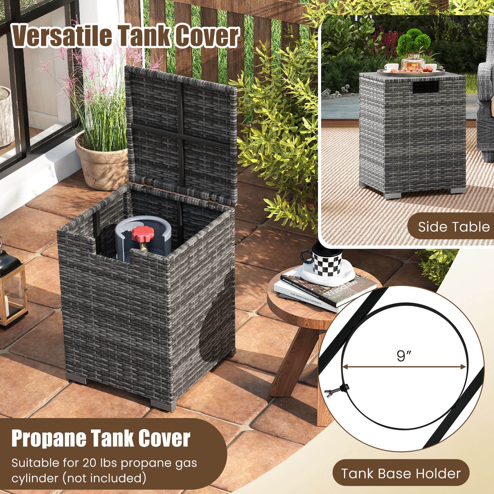 2 PCS Outdoor Rattan Fire Table Set w/ Tank Cover Tempered Glass Tabletop