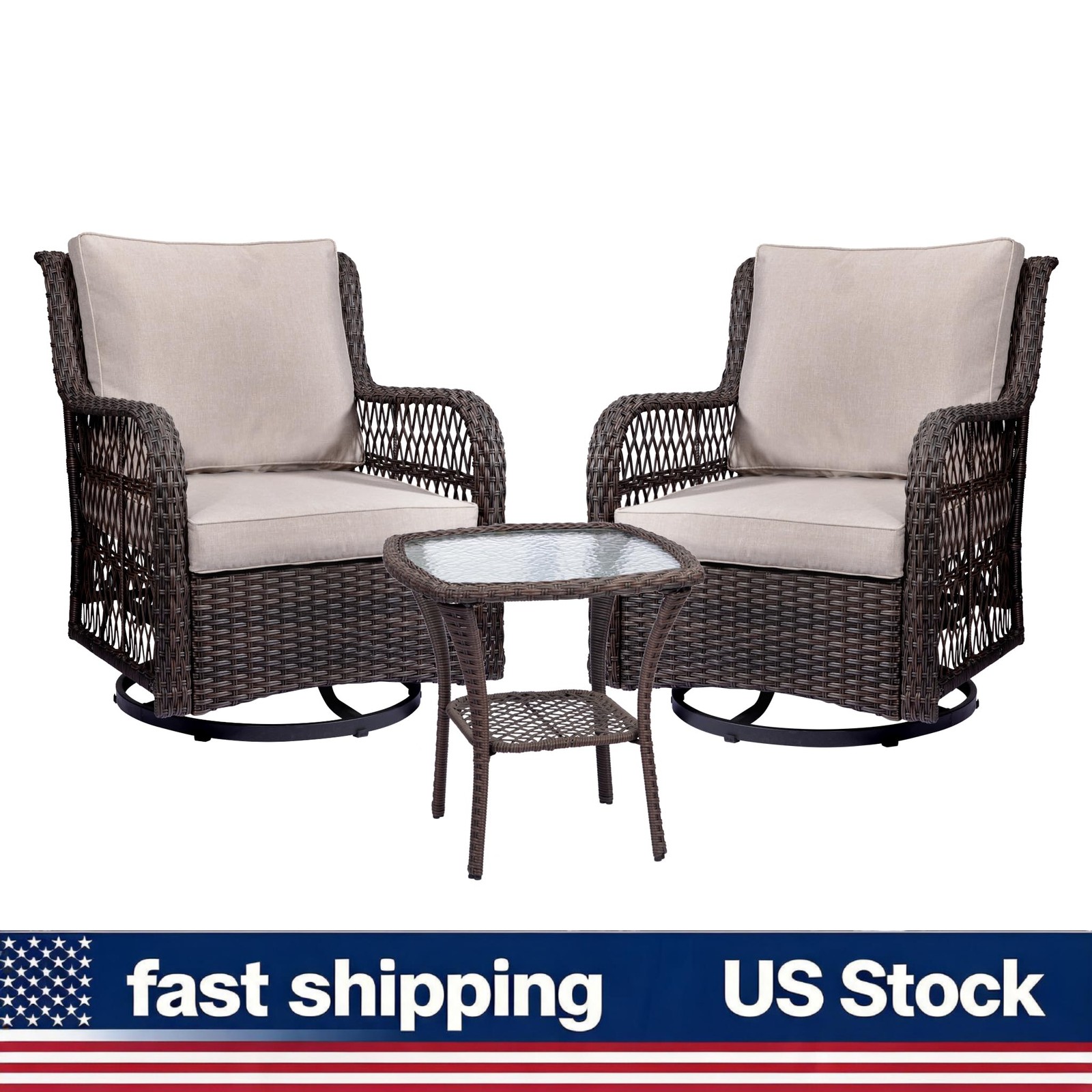Wicker Rotating Rocking Chair Patio Set 360 Degree with Glass Table