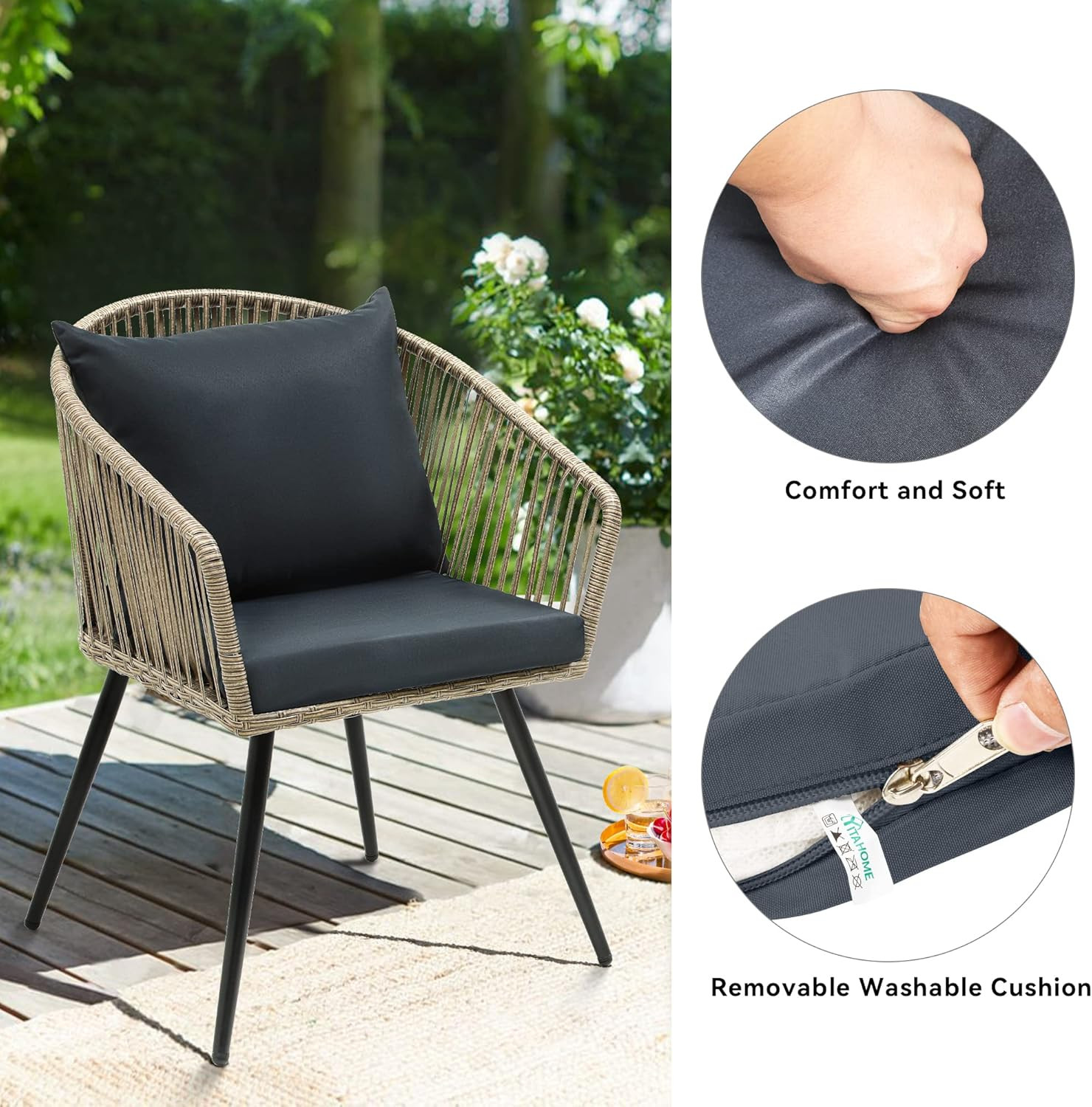 3 Piece Patio Bistro Set Wicker Rattan Chairs Glass Side Table Outdoor Gray Seat